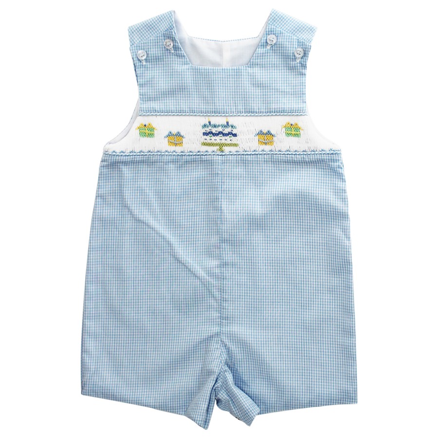 Happy Birthday Smocked Short John John: Blue Gingham