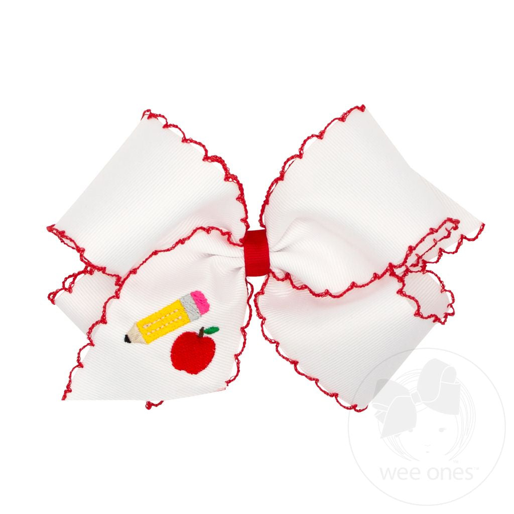 King Grosgrain Hair Bow with Moonstitch Edge and Back to School Embroidery