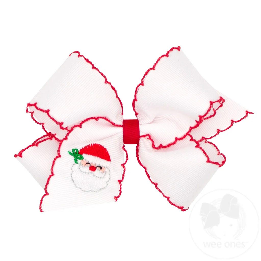 Medium Moonstitch Santa Embroidered Hair Bow: White with Red Trim