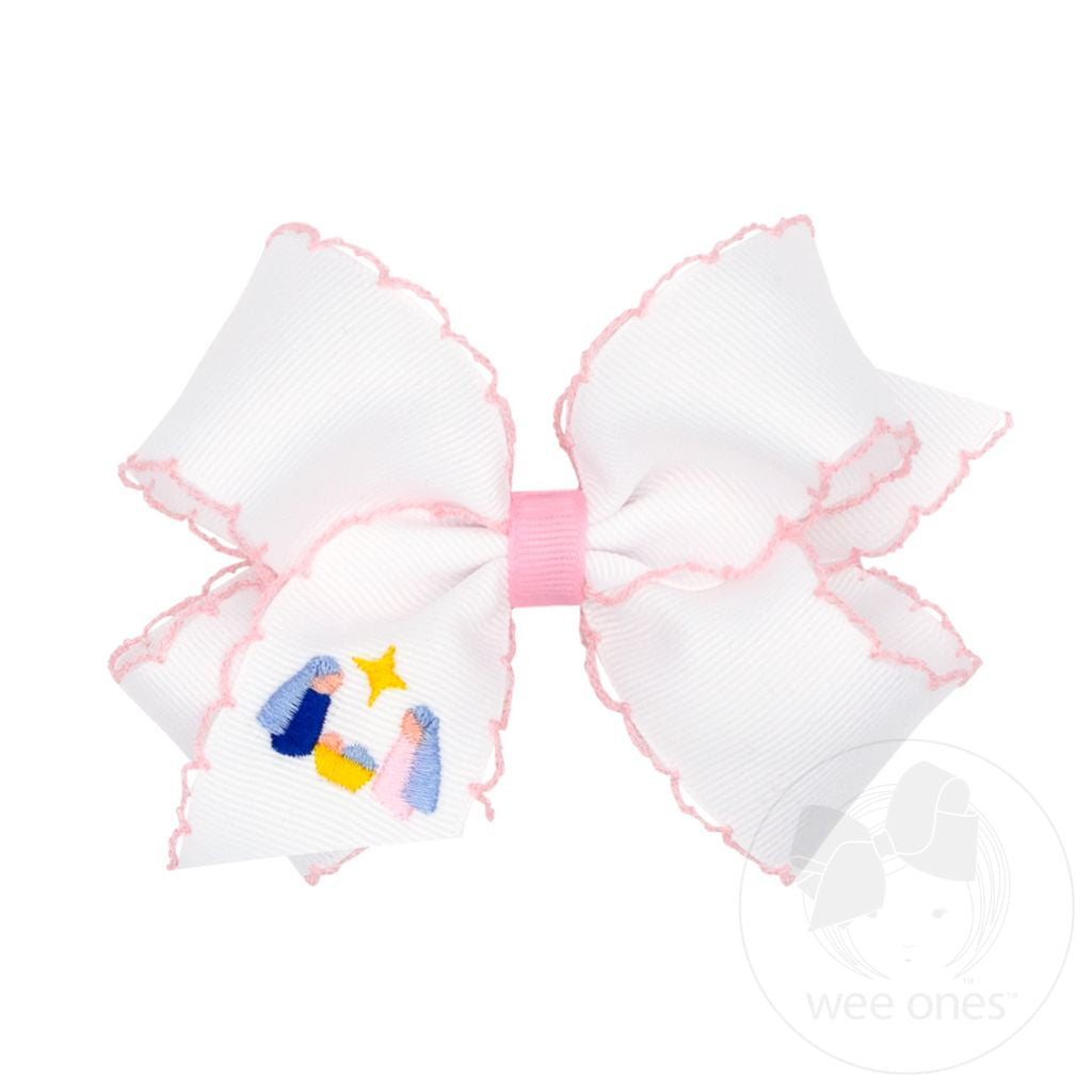 Medium Pink Nativity Embroidery Moonstitch Hair Bow