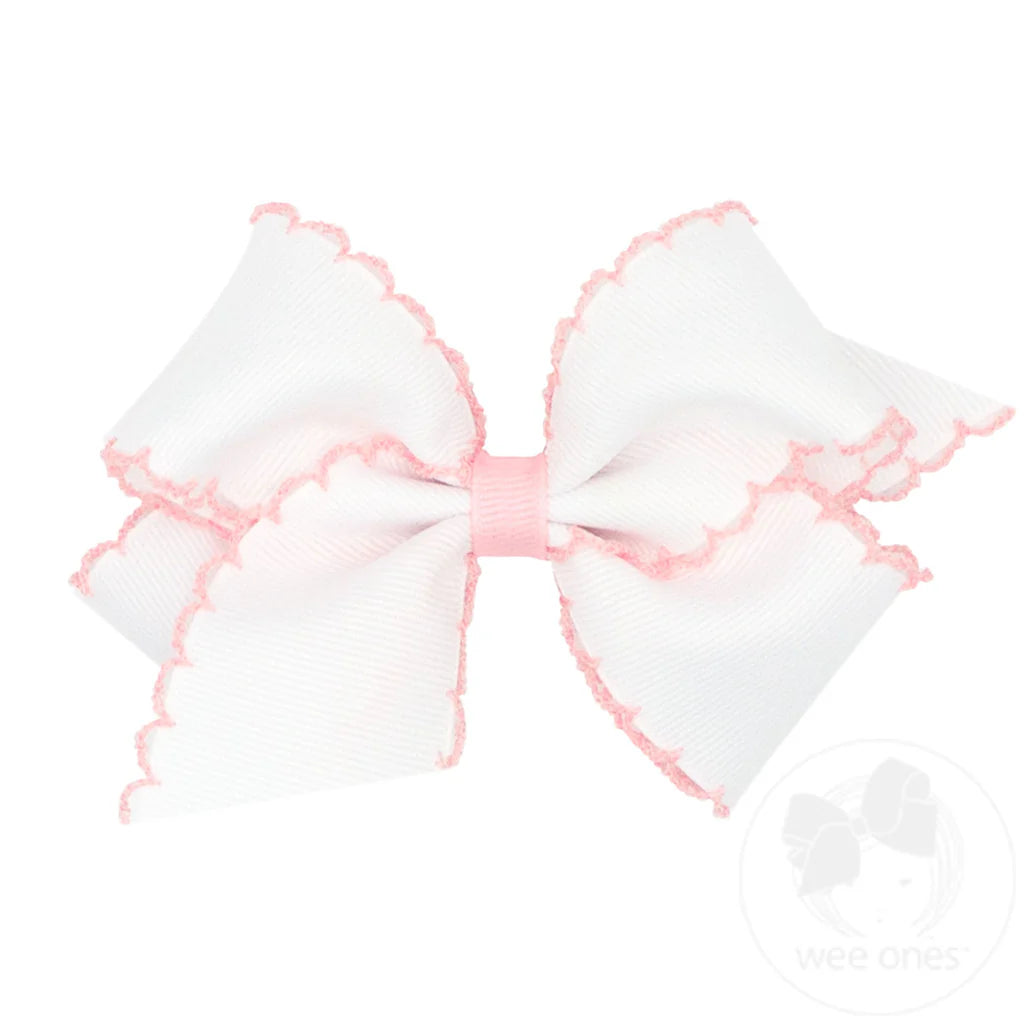 Moonstitch Grosgrain Hair Bow with Contrasting Wrap: White with Light Pink