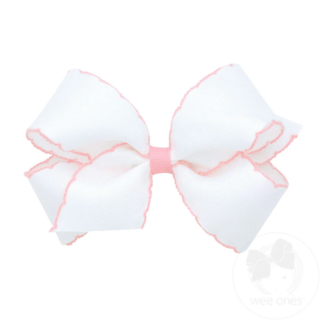 Moonstitch Grosgrain Hair Bow with Contrasting Wrap: White with Light Pink