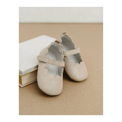 Mimi Scalloped Mary Jane Crib Shoe: Champagne Suede Shimmer