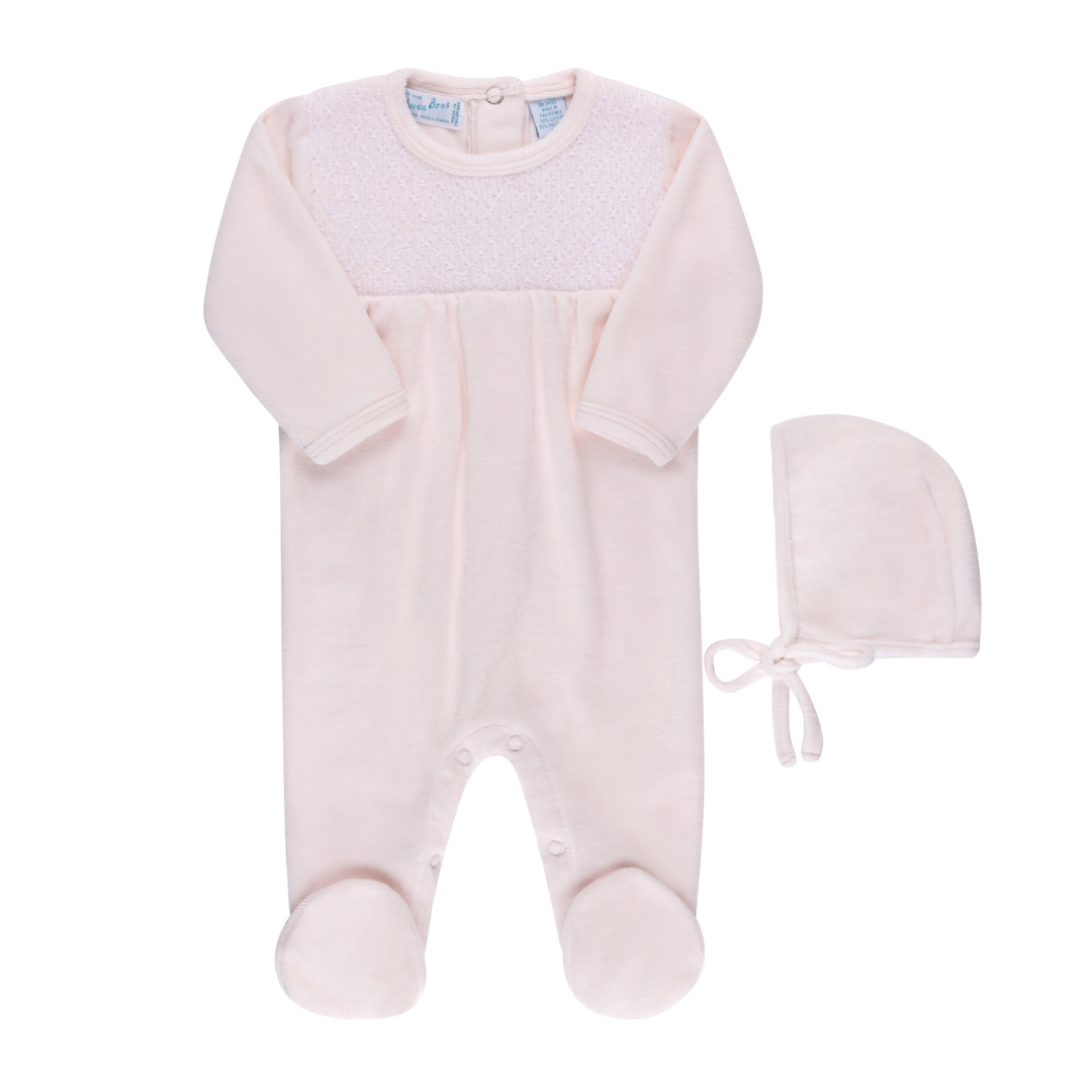 Baby Girls Hand Smocked Velour Romper With Bonnet: Pink