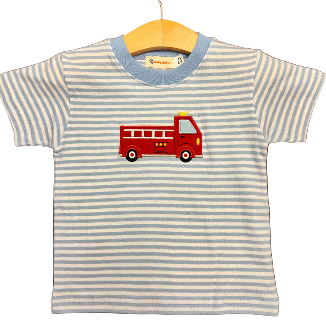 Light Blue Stripe SS T-Shirt with Fire Truck Applique