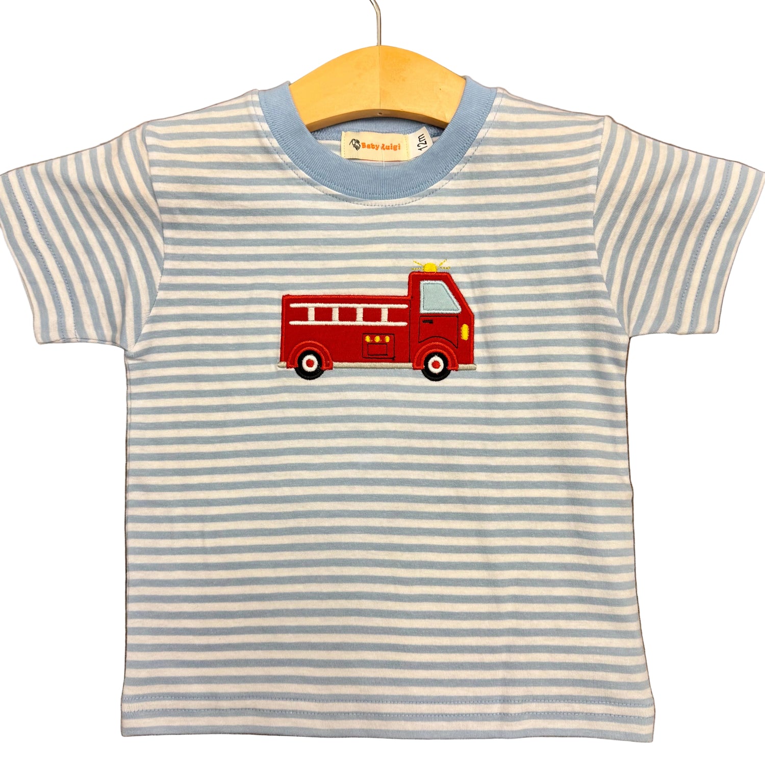 Light Blue Stripe SS T-Shirt with Fire Truck Applique
