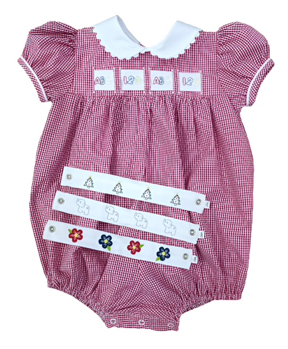 Red Gingham Ruth Ribbon Bubble: ABC/123, Elephant, Christmas Tree, Blue/Red Floral