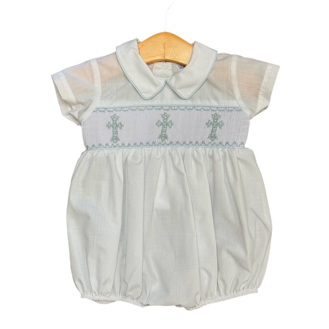 Noah Smocked Boy Bubble: White with Light Blue Cross Smocking