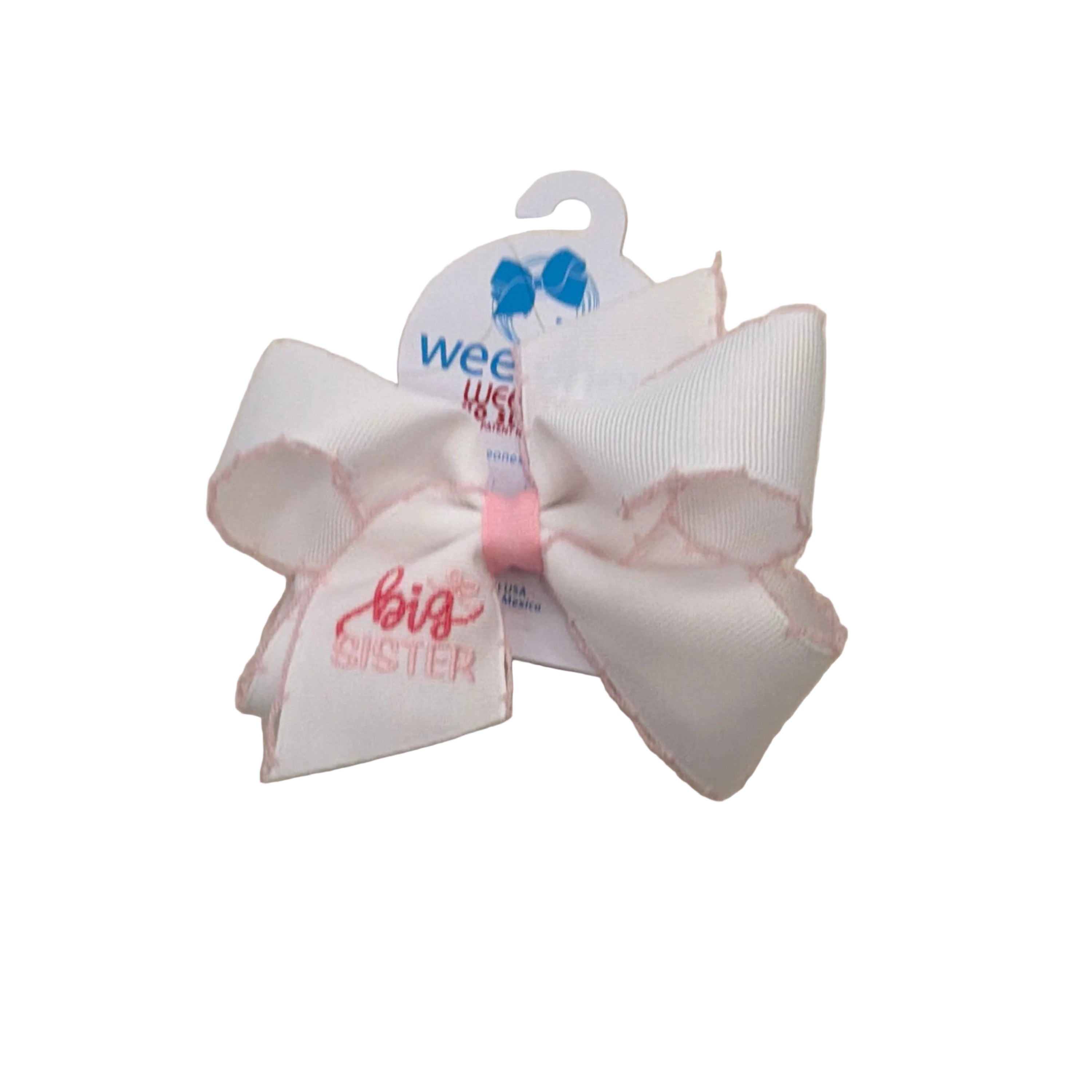 Grosgrain Hair Bow with Light Pink Moonstitch Edge and Big Sister Embroidery