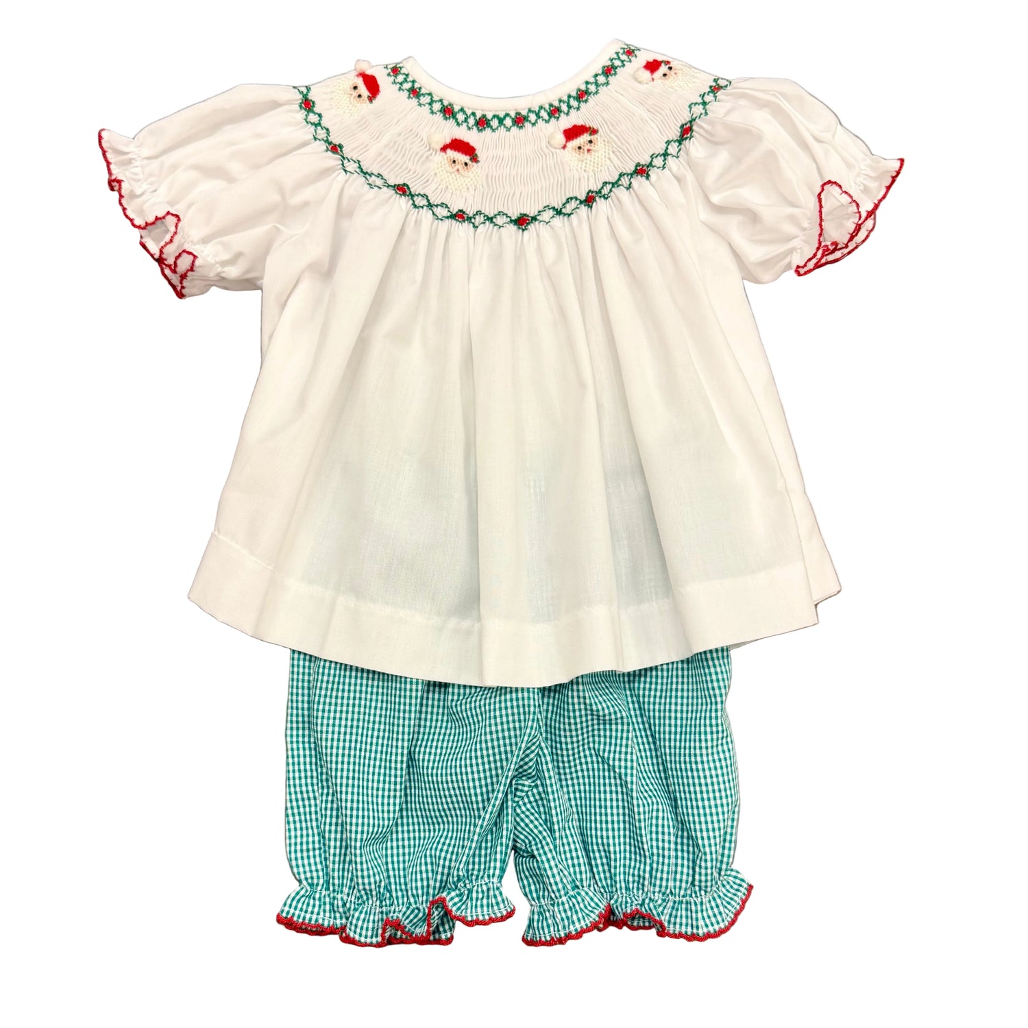 Green Gingham Santa Smocked Bishop Bloomer Set