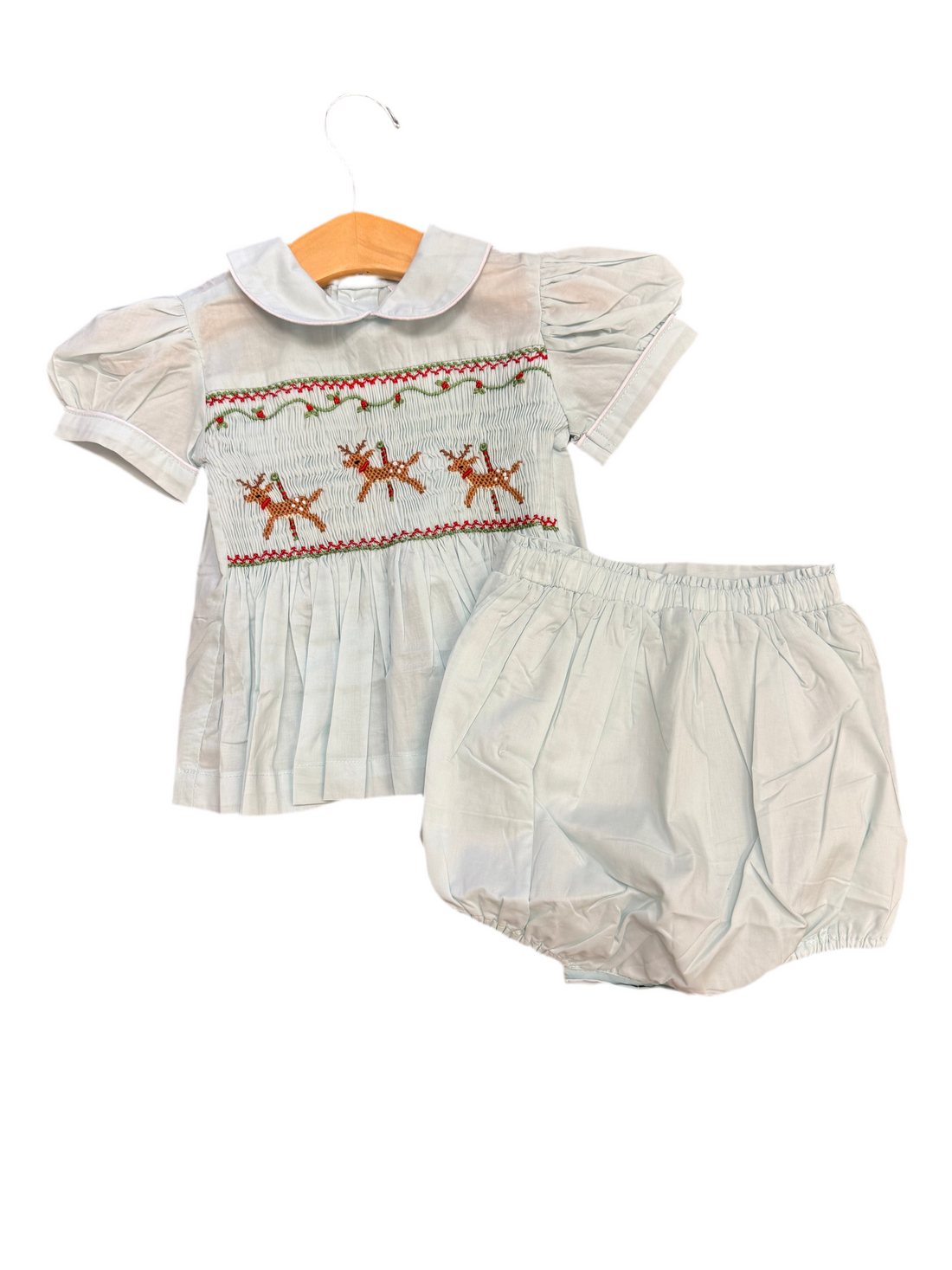 Light Blue Reindeer Smock Bodice Bloomer Set