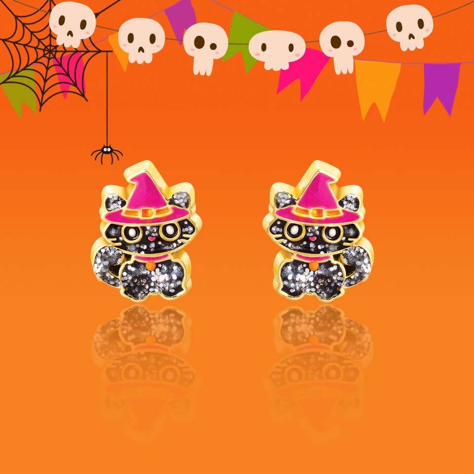 Halloween Glitter Black Cat Stud Earrings