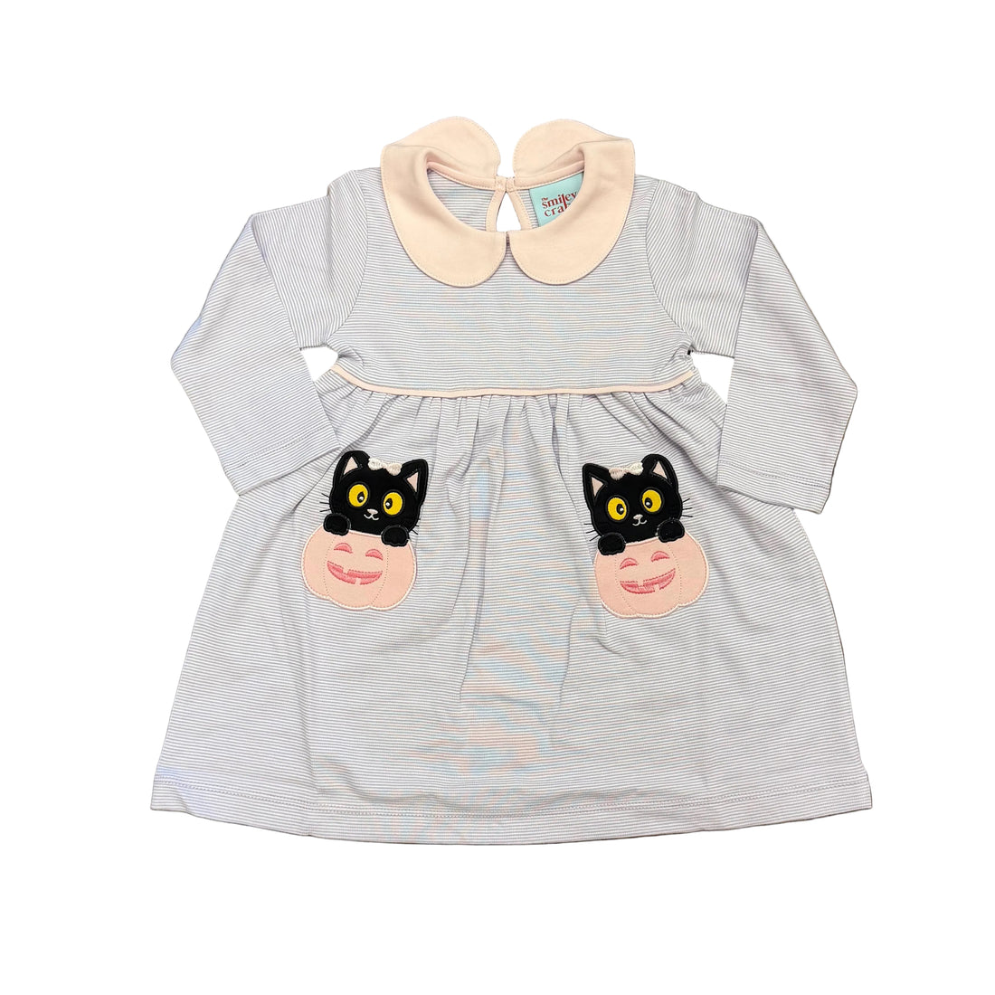 Purple/White Micro Stripe LS Dress with Black Cat/Jack-o-Lantern Applique