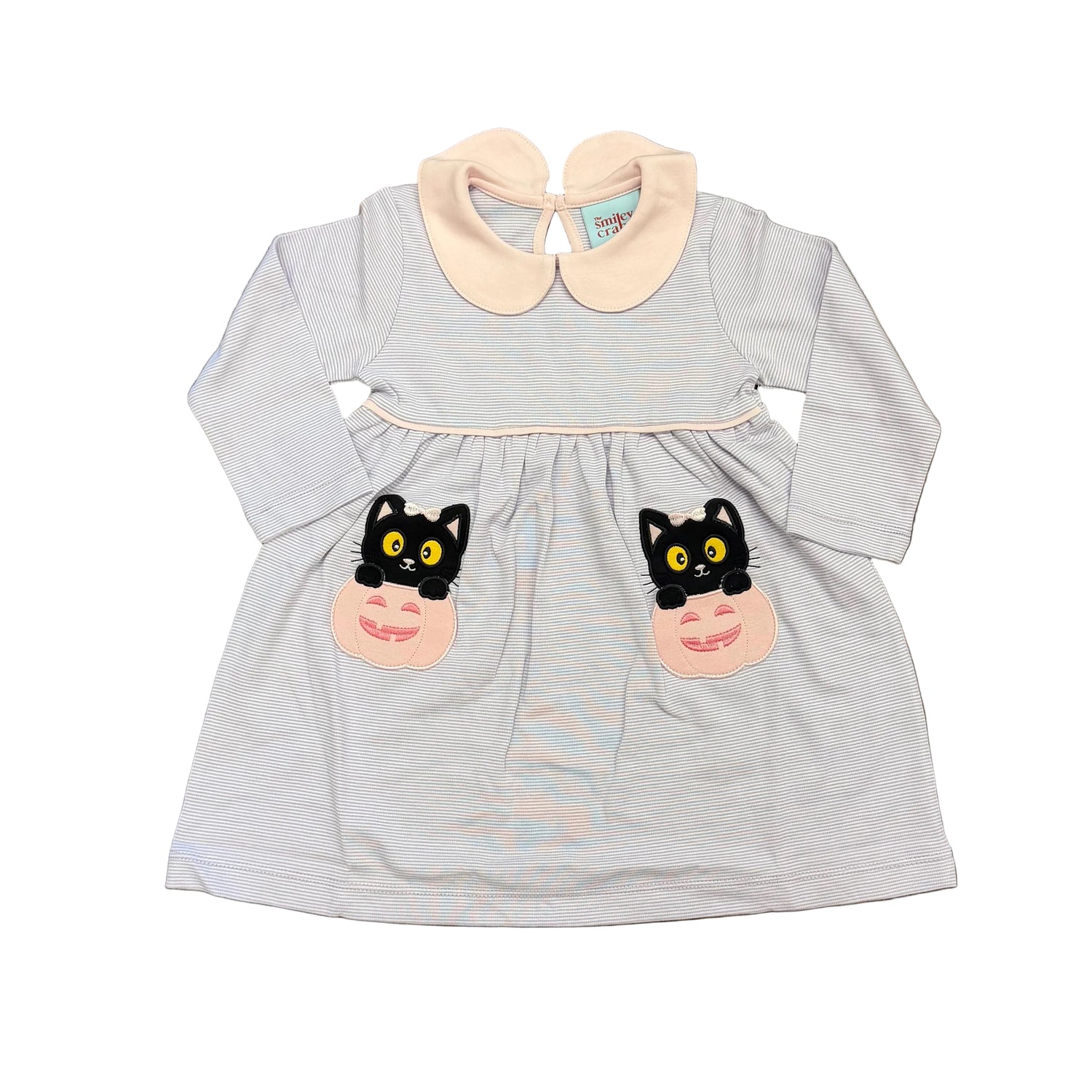 Purple/White Micro Stripe LS Dress with Black Cat/Jack-o-Lantern Applique
