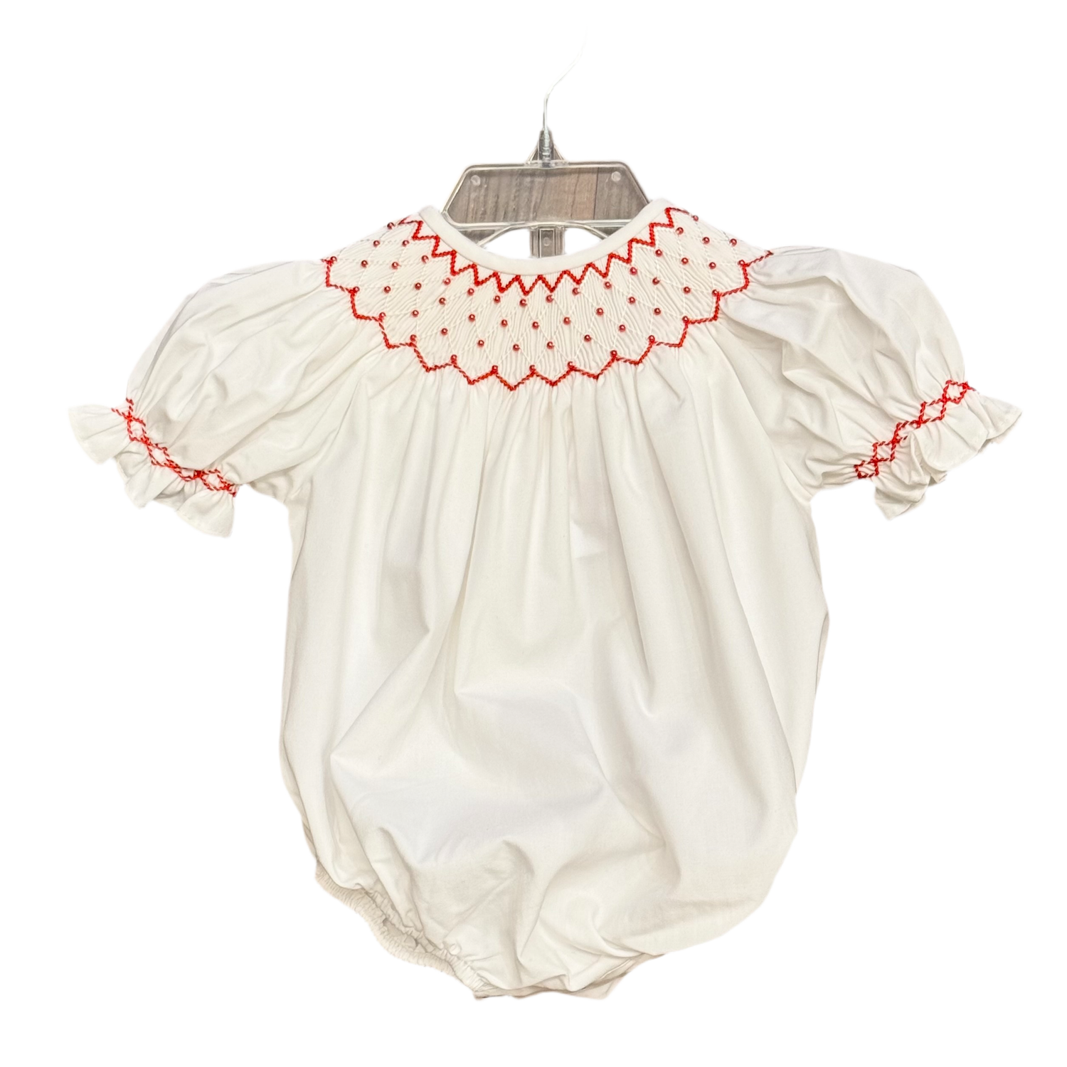 Catherine Smocked Bubble: White with Red Pearls