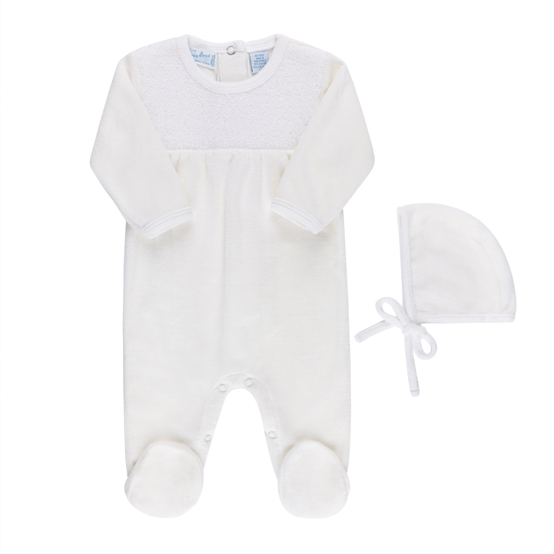 Baby Boys &amp; Girls Hand Smocked Velour Romper With Bonnet: Ivory