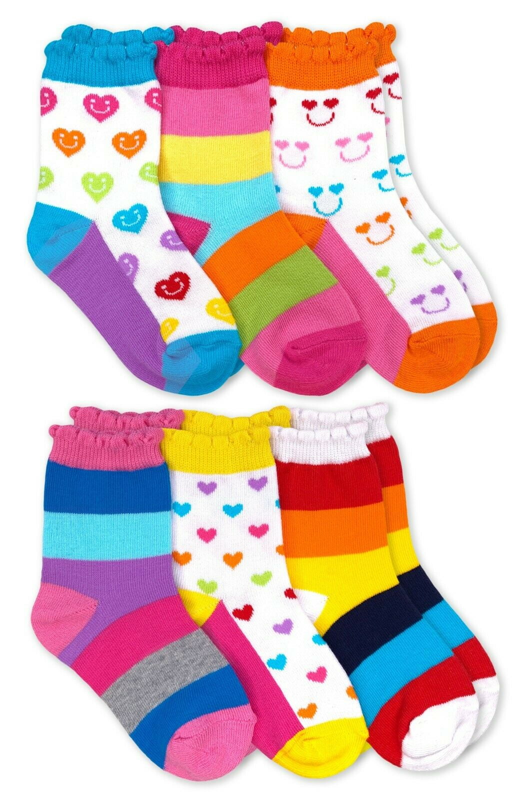 Jefferies Girls 6-Pack Crew Socks: Rainbows/Stripes/Hearts