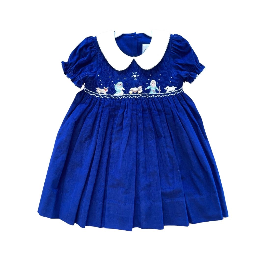 Royal Blue Corduroy Dress with Nativity Smocking