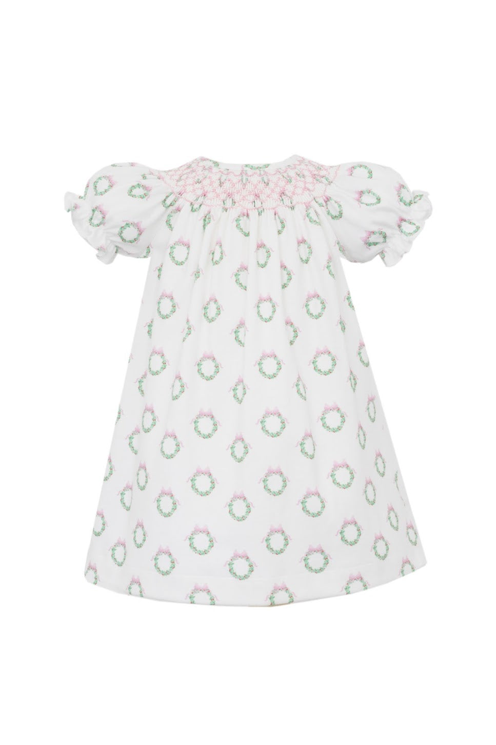Holiday Pink Wreath Print Smocked Bishop SS Dress