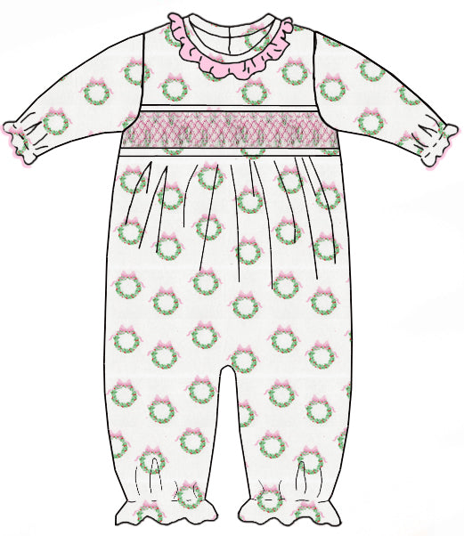 Holiday Pink Wreath Print Smocked LS Ruffle Romper
