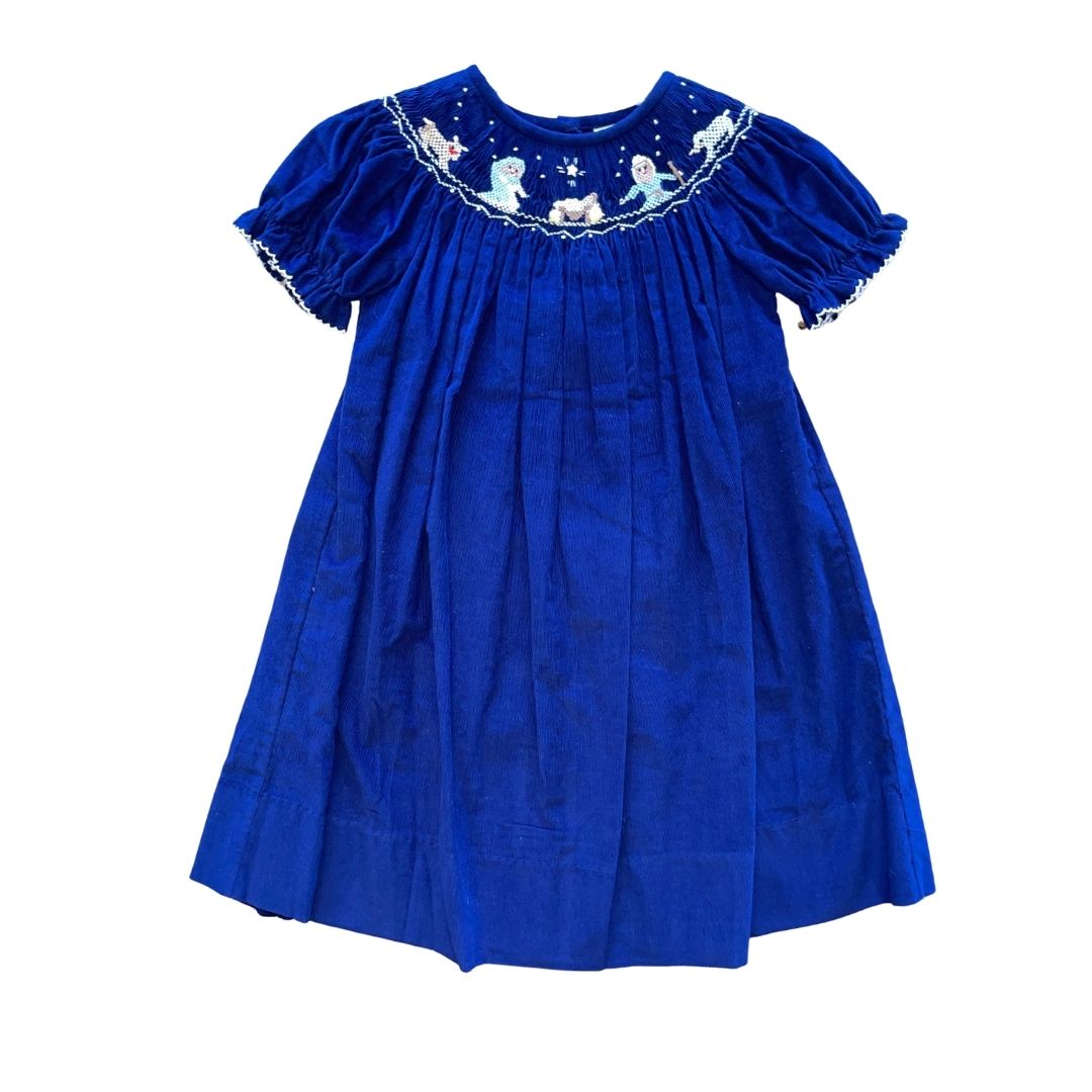 Royal Blue Corduroy Nativity Smocked Bishop Dress