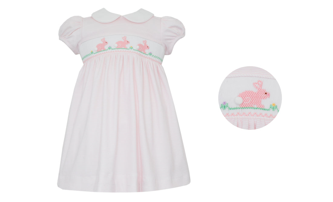 Light Pink Stripe Knit Bunny Smocked Dress