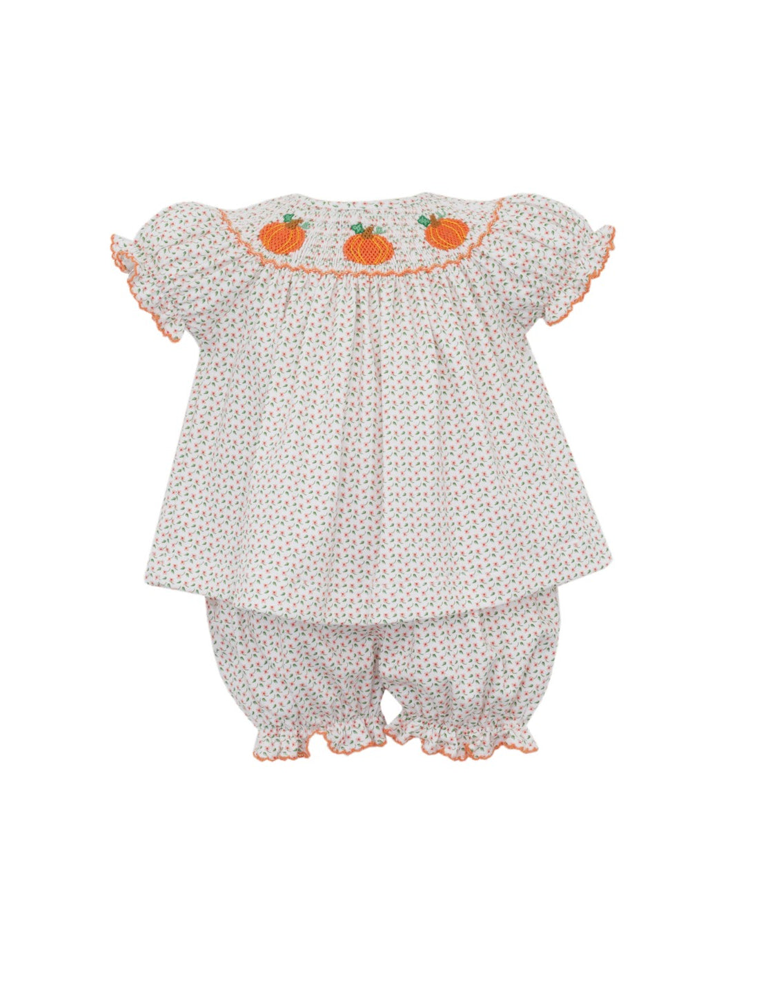 Pumpkin Smocked Bishp Bloomer Set: Tiny Floral
