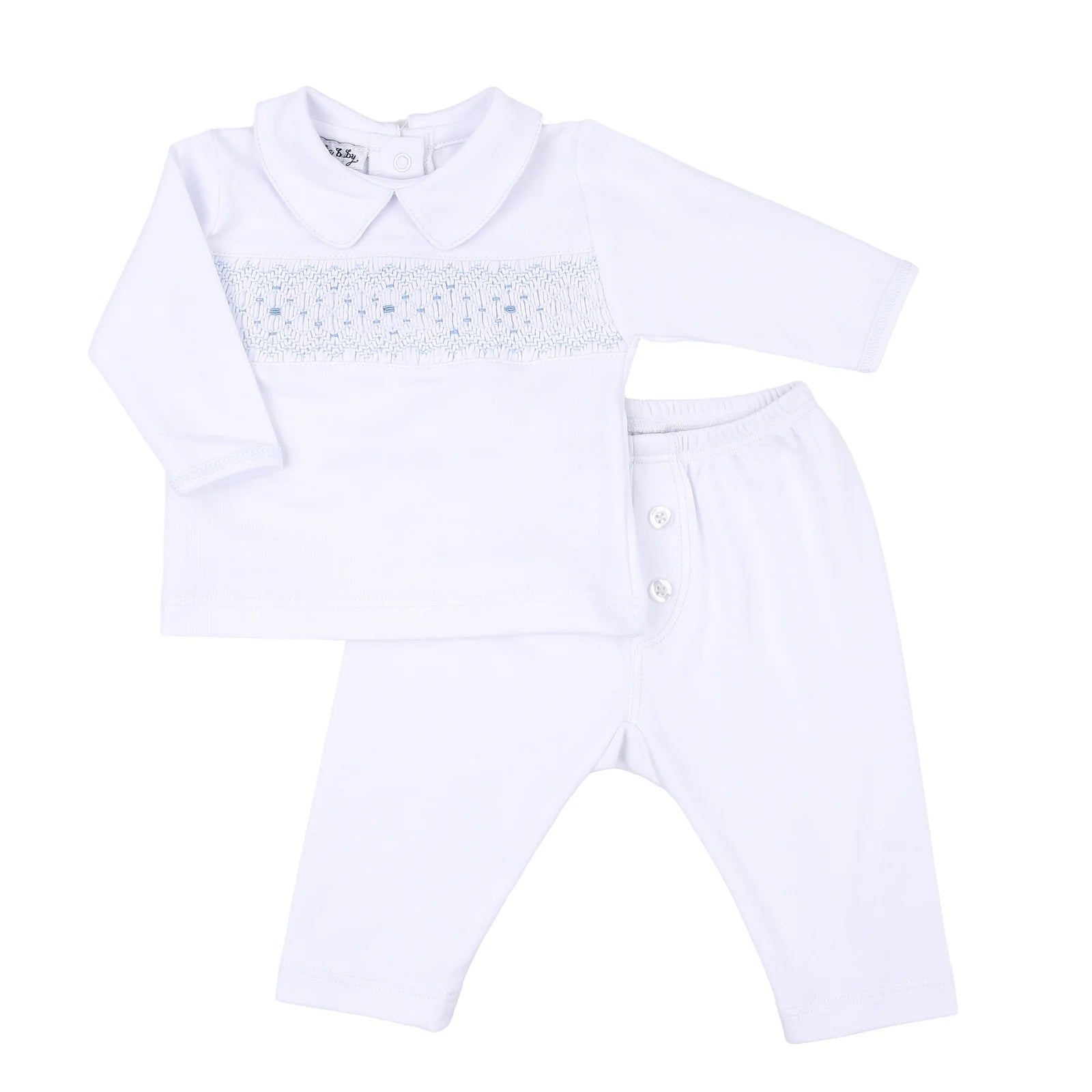 Lily &amp; Lucas Smocked Collared Boy 2-Piece Pant Set: Light Blue