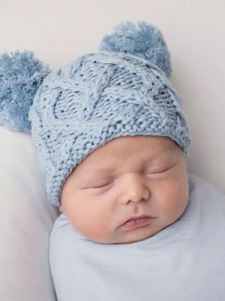 Newborn Aran Double Pom Beanie Hat: Chambray