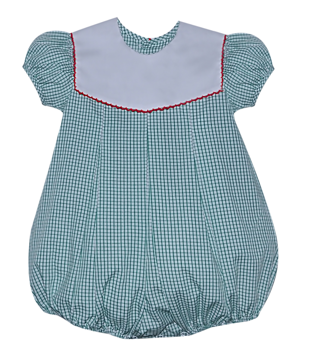 Green Reese Girl Bubble with Red Picot Collar