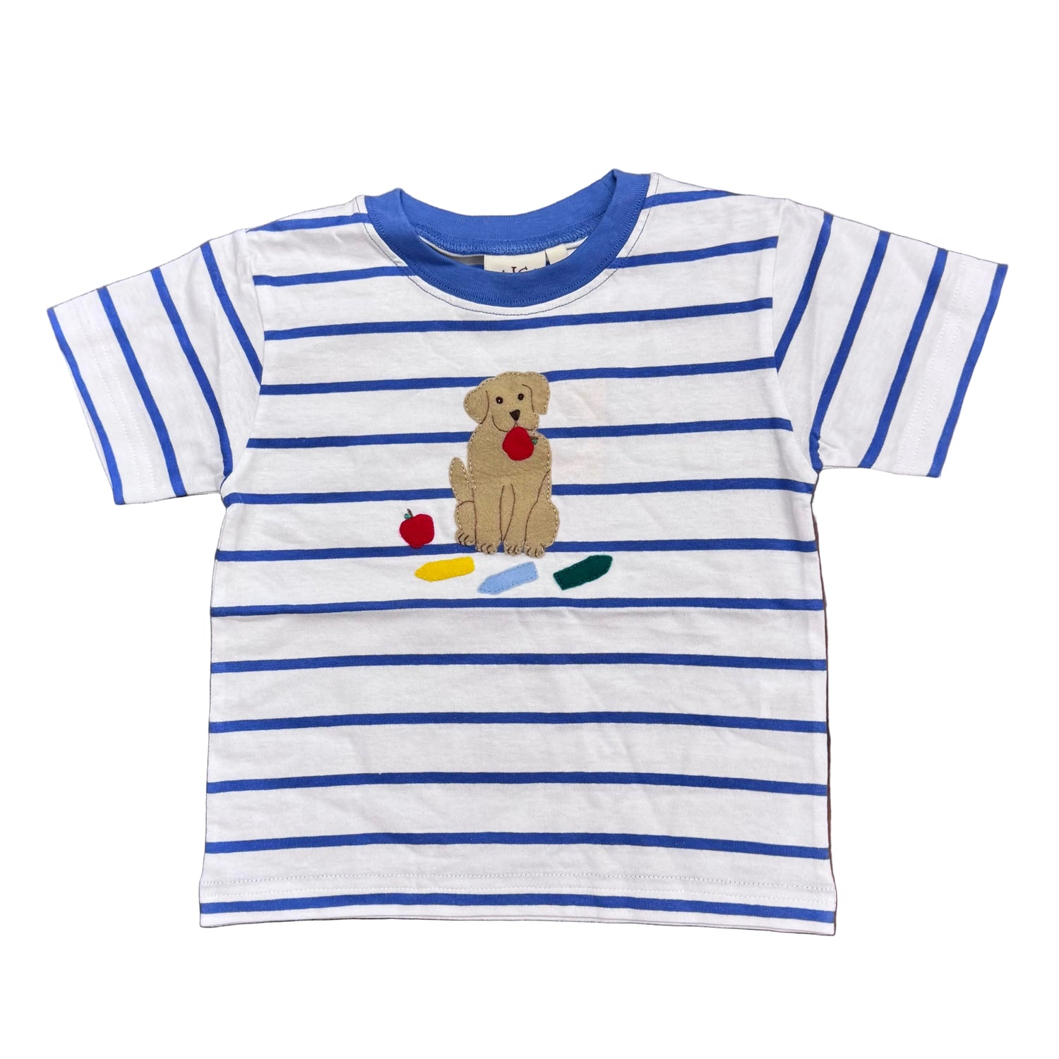 Boys Dark Chambray Stripe SS T-Shirt with Lab/School Supplies Applique