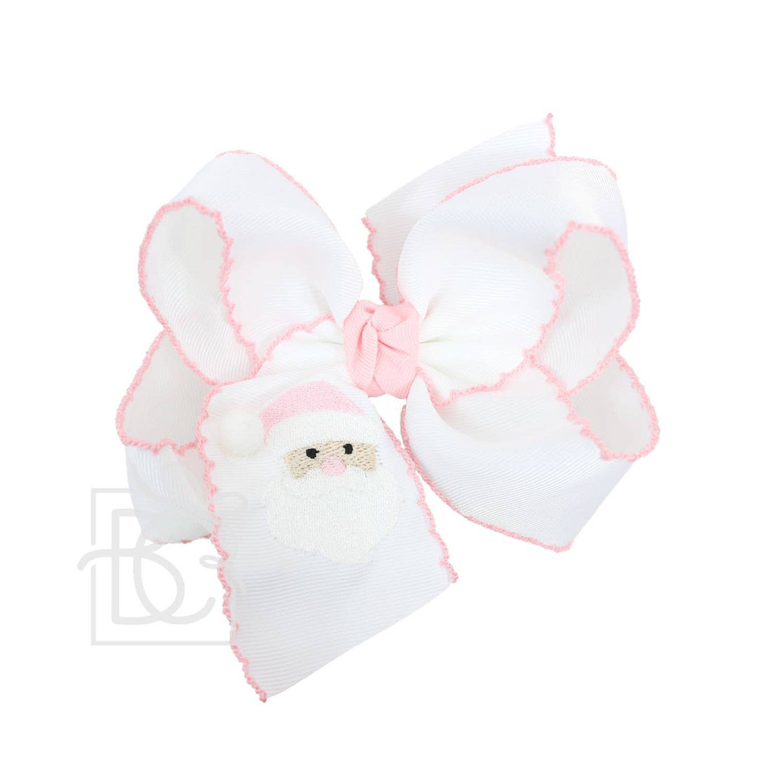 4.5&quot; Crochet Edge Grosgrain Hairbow on Clip: White with Pink (Embroidered Santa)