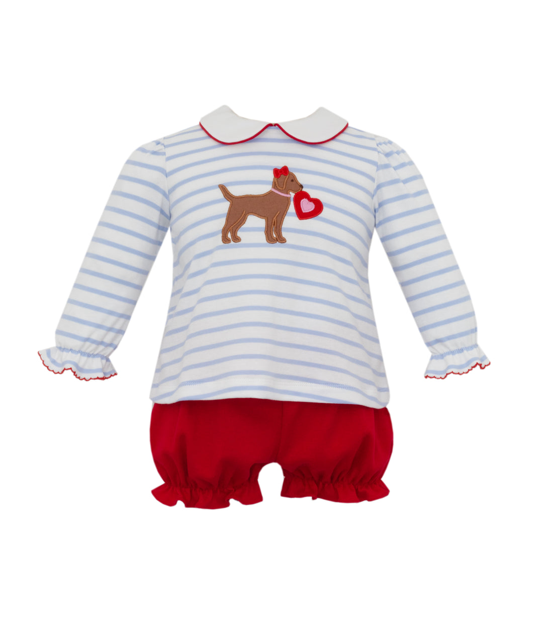 Girls Light Blue Stripe LS Bloomer Set: Valentines Dog