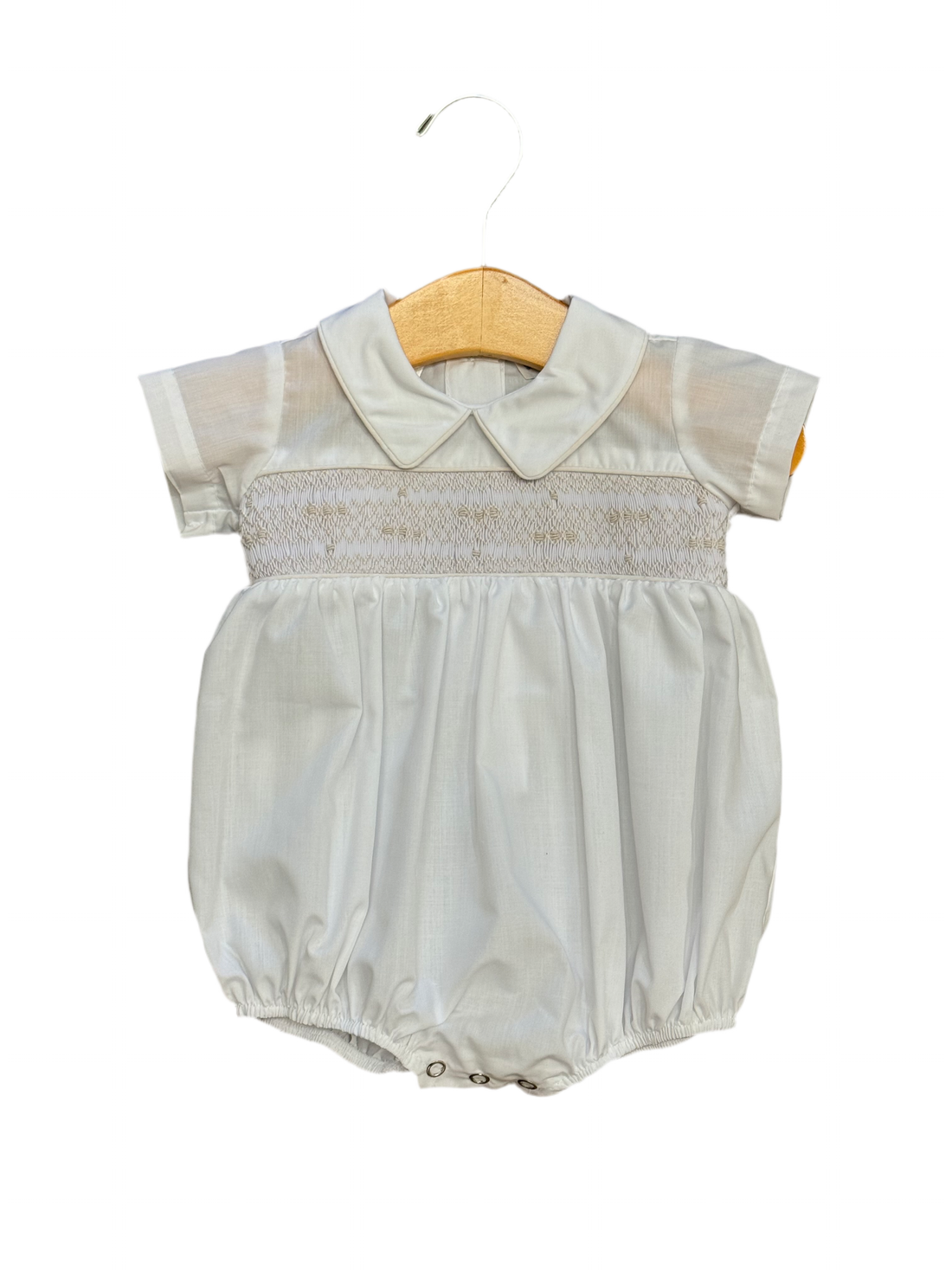 White Smocked Boy Bubble with Ecru Trim