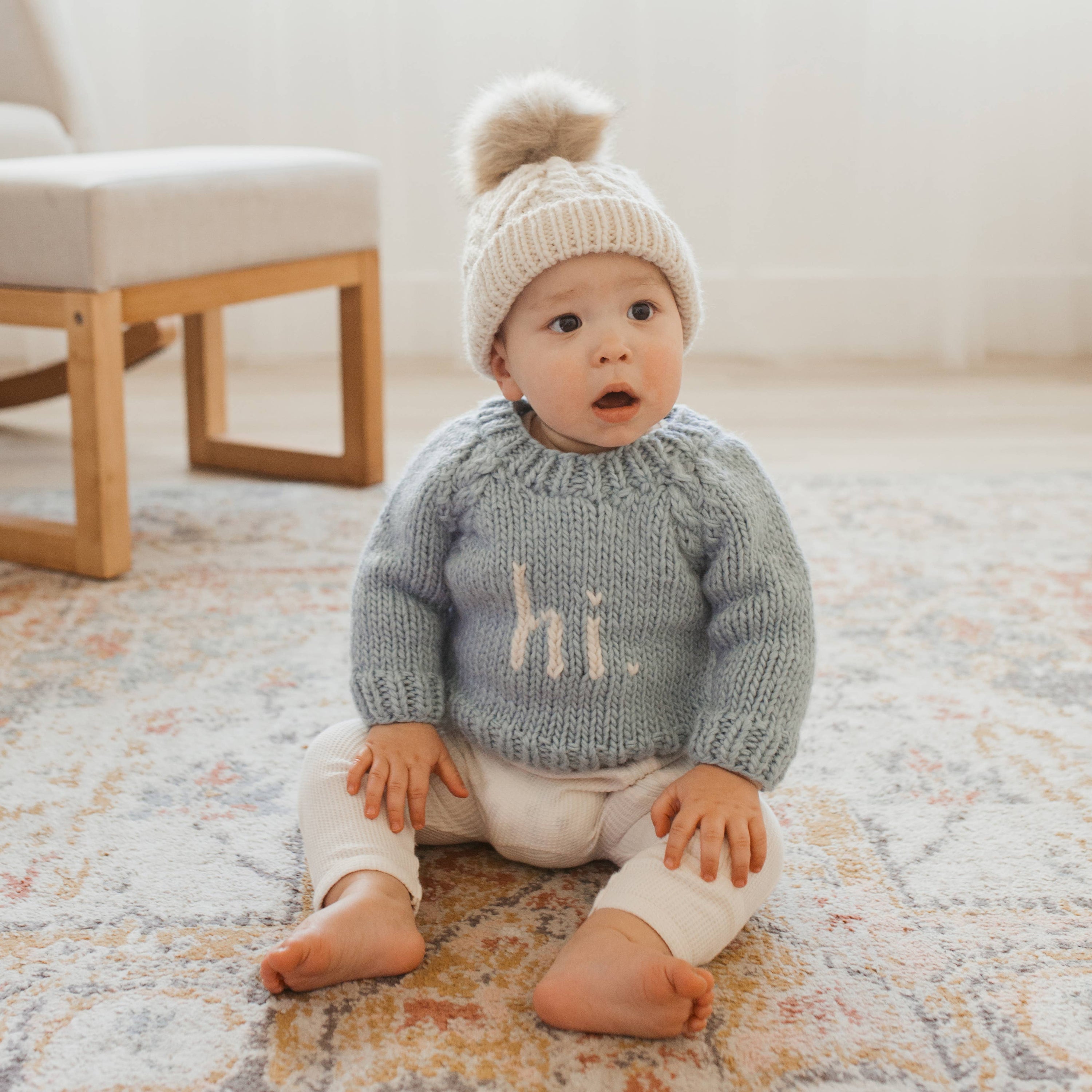 Pop Pom Pom Beanie Hat: Natural