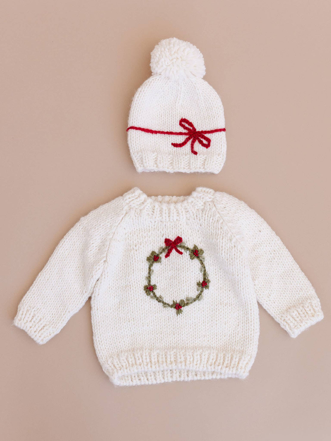 Wreath Sweater with Christmas Holiday Bow: Cream