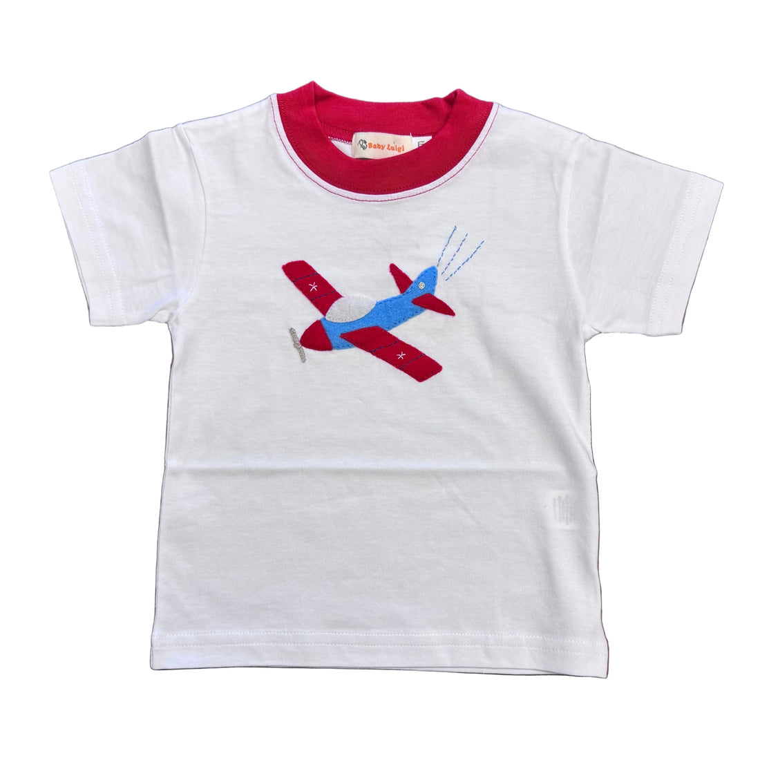 Boys White &amp; Deep Red SS T-Shirt with Airplane Applique