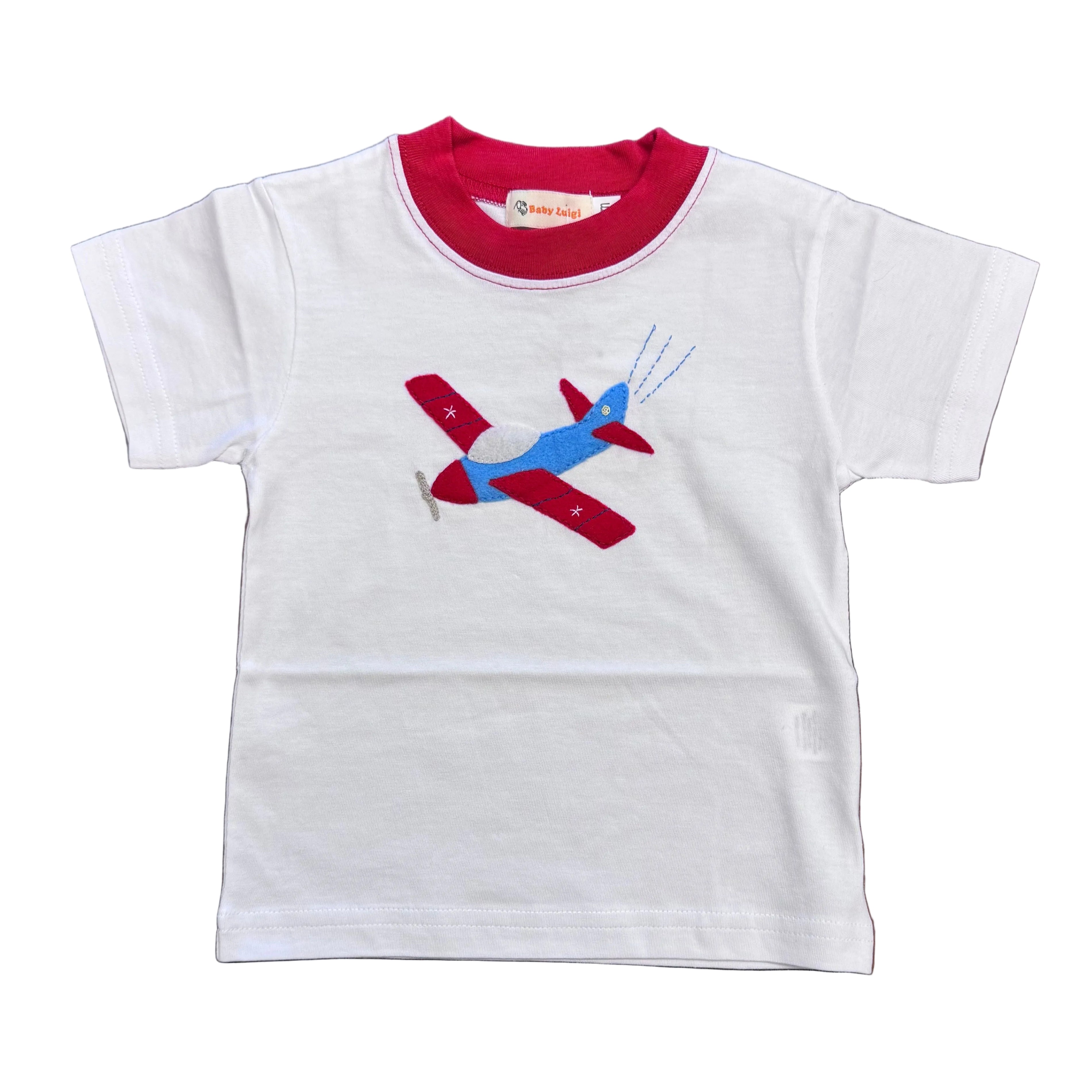 Boys White &amp; Deep Red SS T-Shirt with Airplane Applique