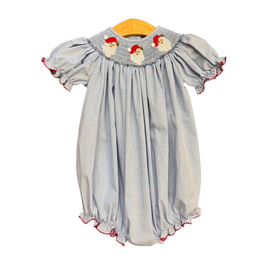 Blue Micro Gingham Santa Smocked Bishop Bubble