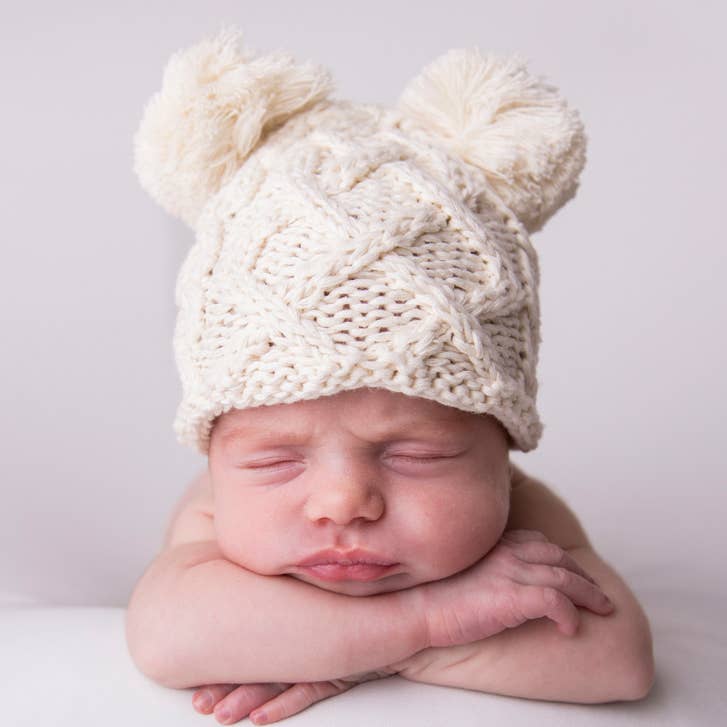 Newborn Baby Aran Natural Double Pom Pom Beanie