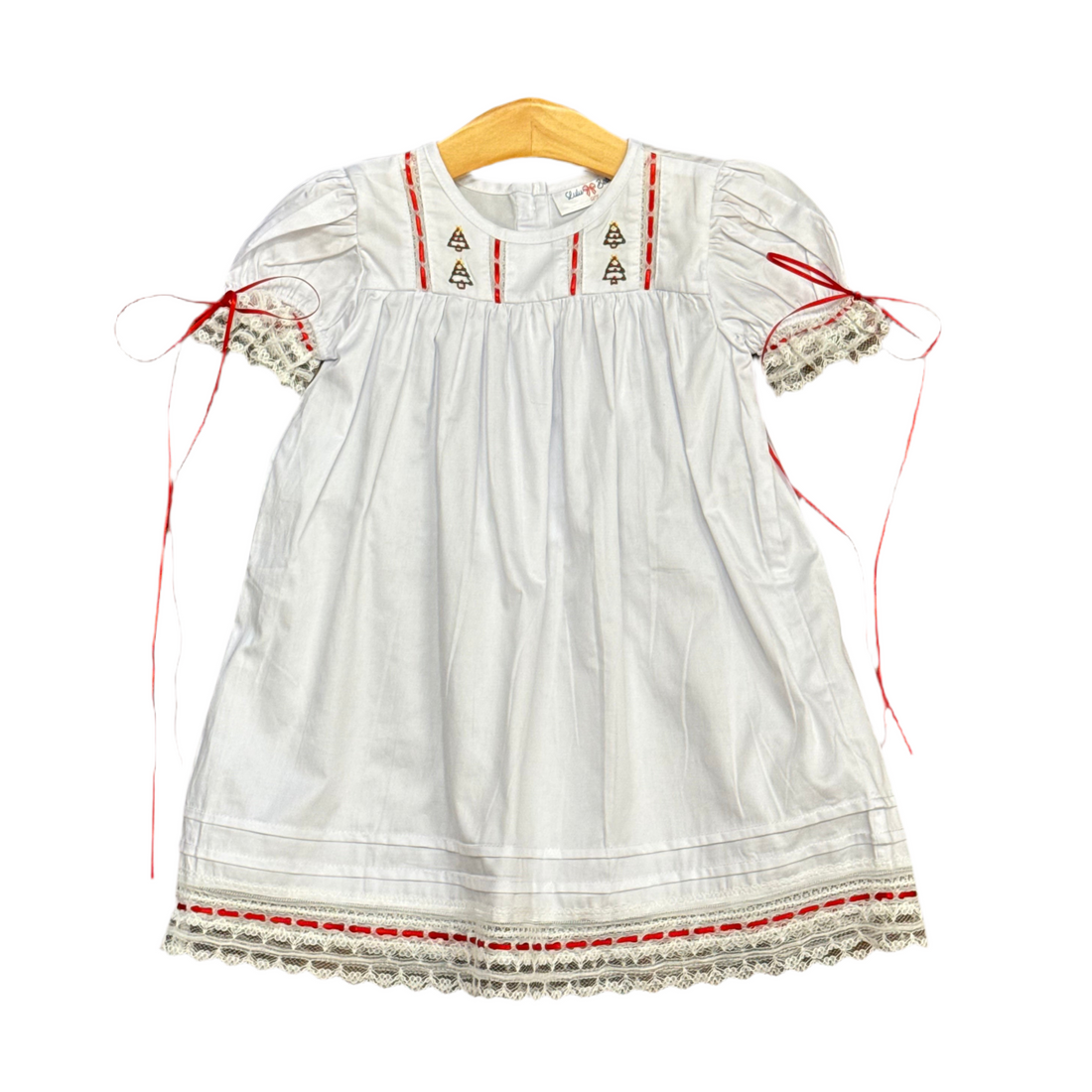 White Christmas Tree Embroidered Dress with Red Satin Ribbon