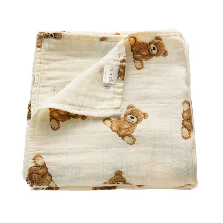 Muslin Swaddle Blanket: Teddy Bear Print