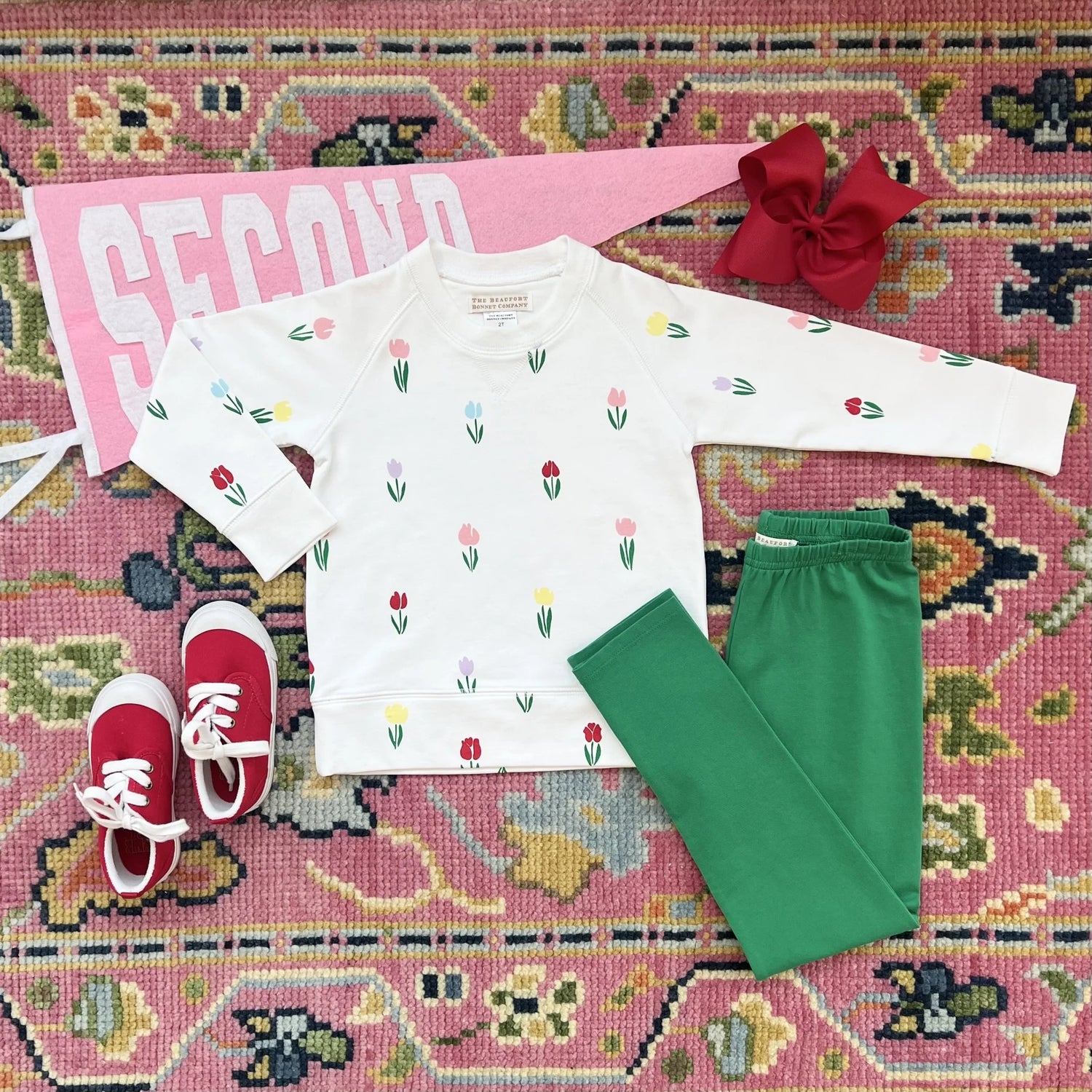 TBBC Cassidy Comfy Crewneck (Girls French Terry): Travilah Tulip with Worth Ave White