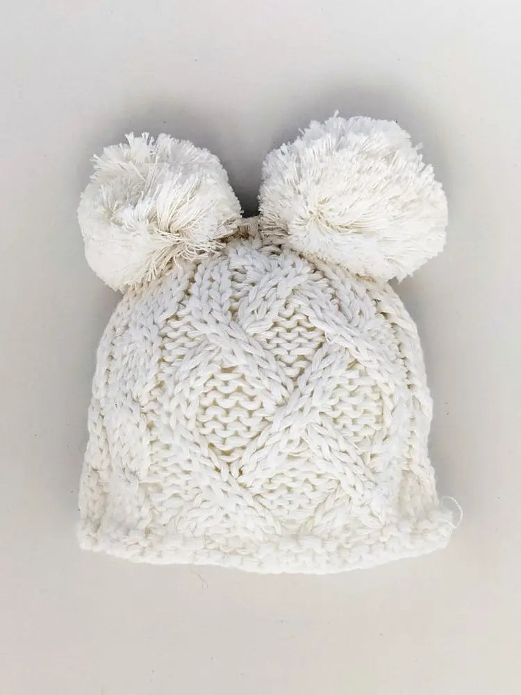 Newborn Aran Double Pom Pom Beanie Hat: White