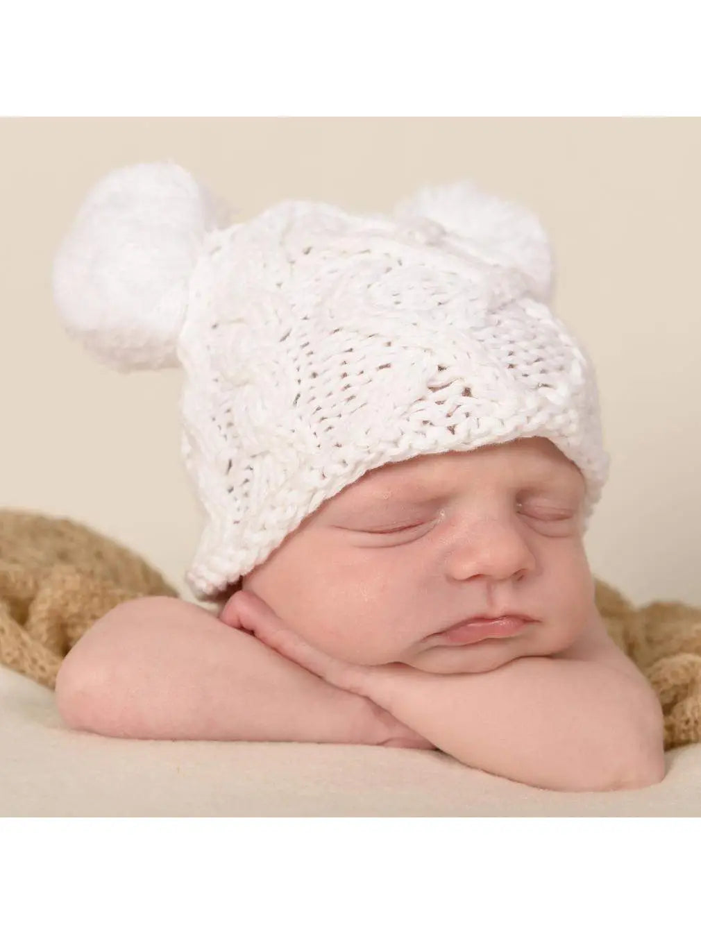 Newborn Aran Double Pom Pom Beanie Hat: White