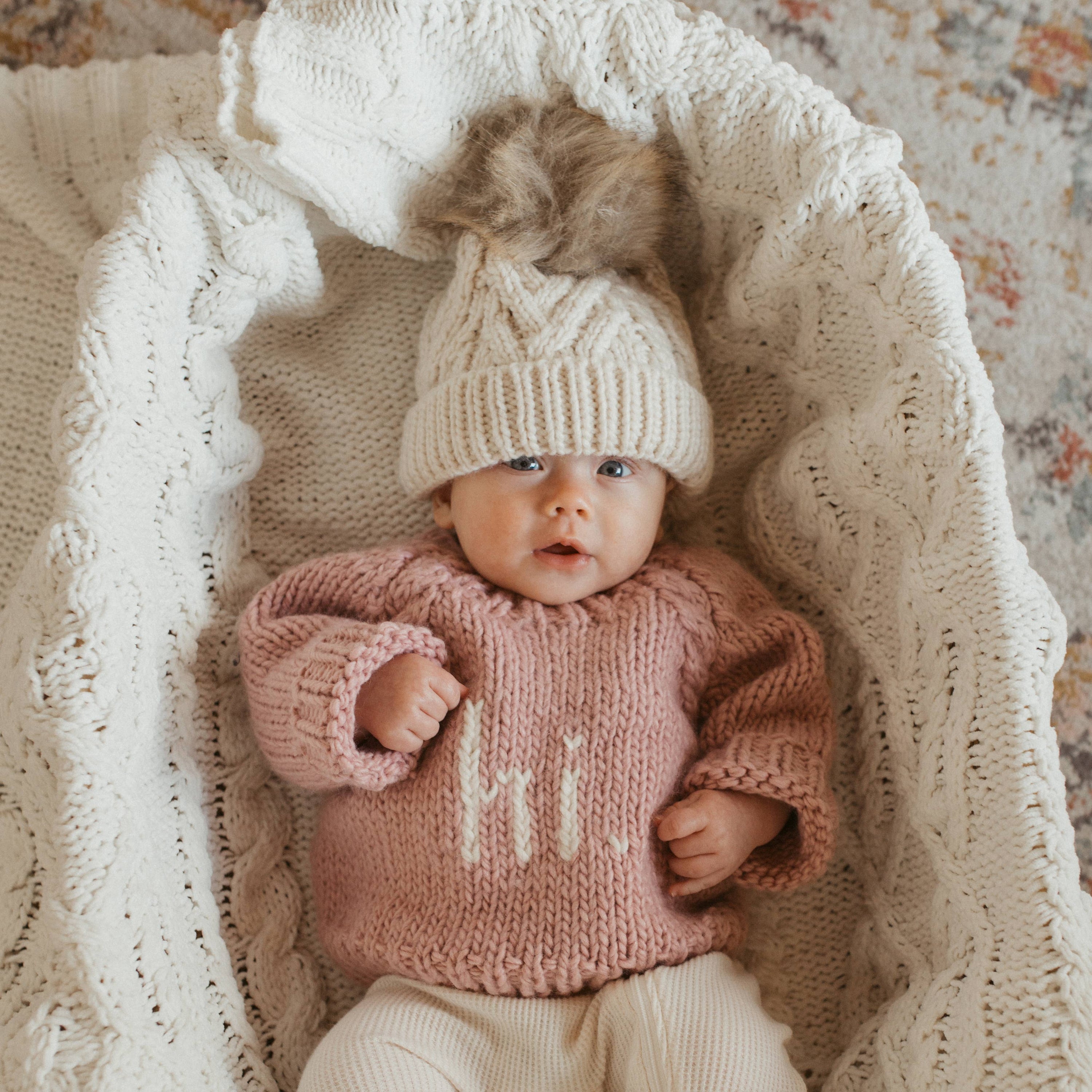 Pop Pom Pom Beanie Hat: Natural