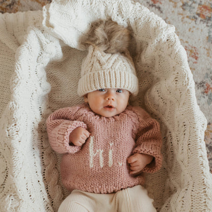 Pop Pom Pom Beanie Hat: Natural