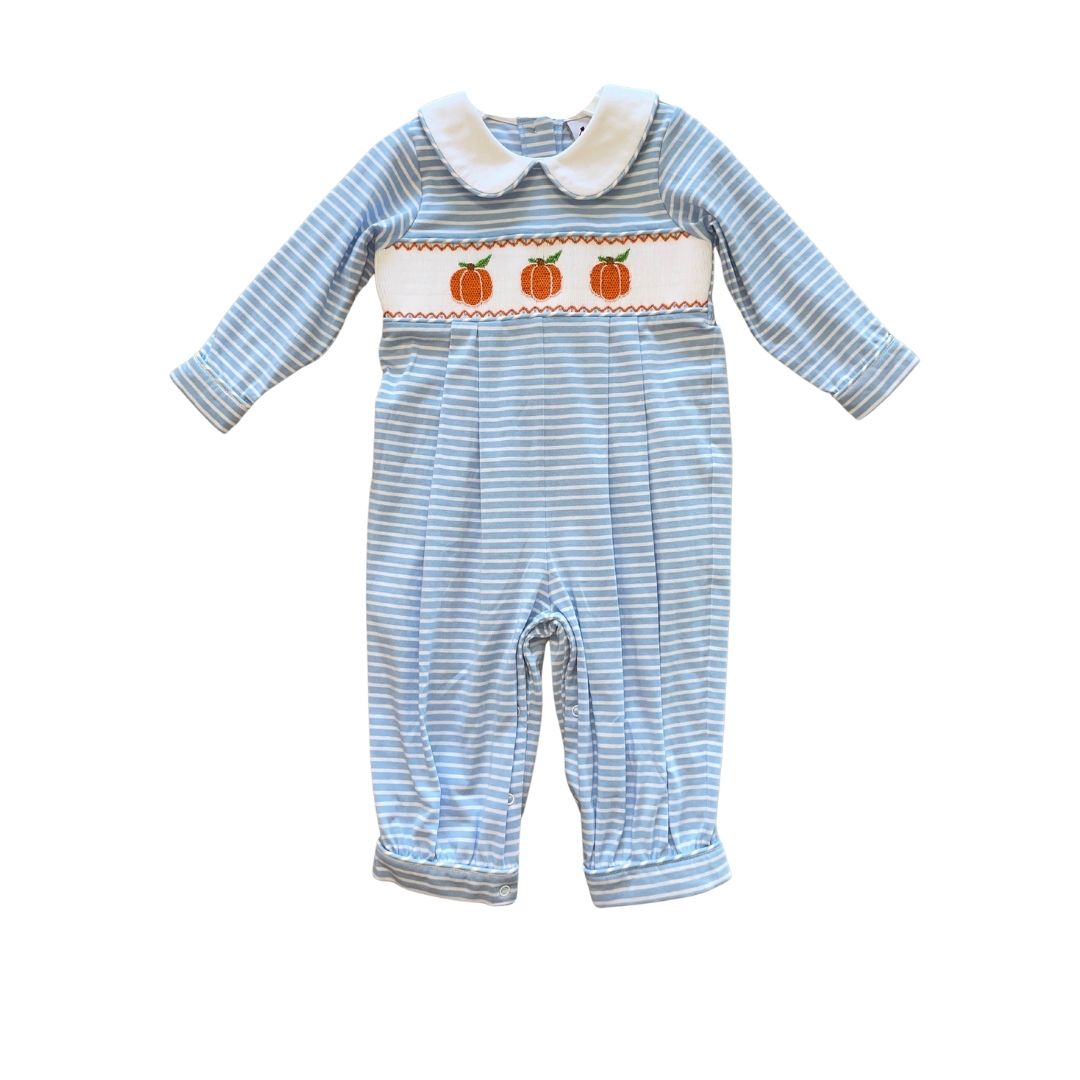 Boys Blue/White Stripe Long Romper with Pumpkin Smocking