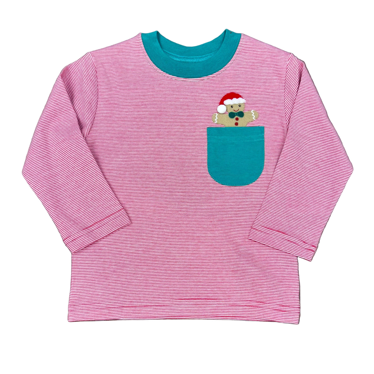 Boys LS Red Stripe with Green Collar &amp; Pocket with Gingerbread Man Applique
