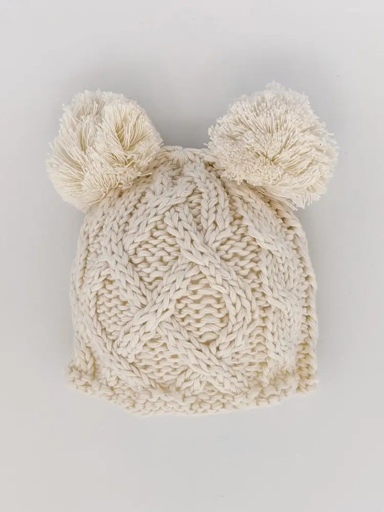 Huggalugs Newborn Aran Double Pom Beanie Hat - Natural